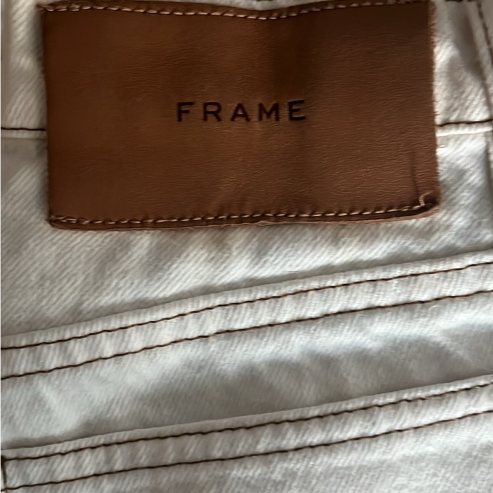 FRAME White Denim with Brown Leather Logo Patch